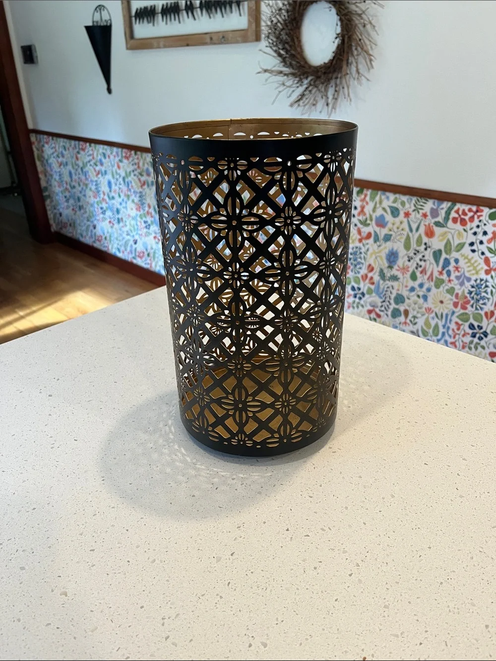Decorative Black and Gold Cutout Metal Lantern - Elegant Table Accent